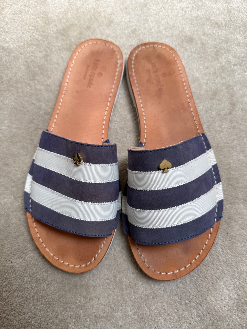 kate spade Navy and White Striped Slide Sandals with Gold Spade Accent
